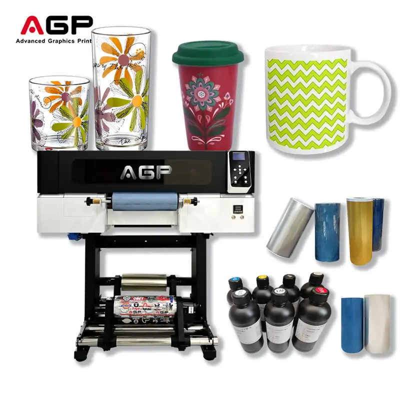AGP A3 Roll Gold Silver Ab Film UV Printing Machine Bottle Cup Wrap Sticker Printer With Laminator